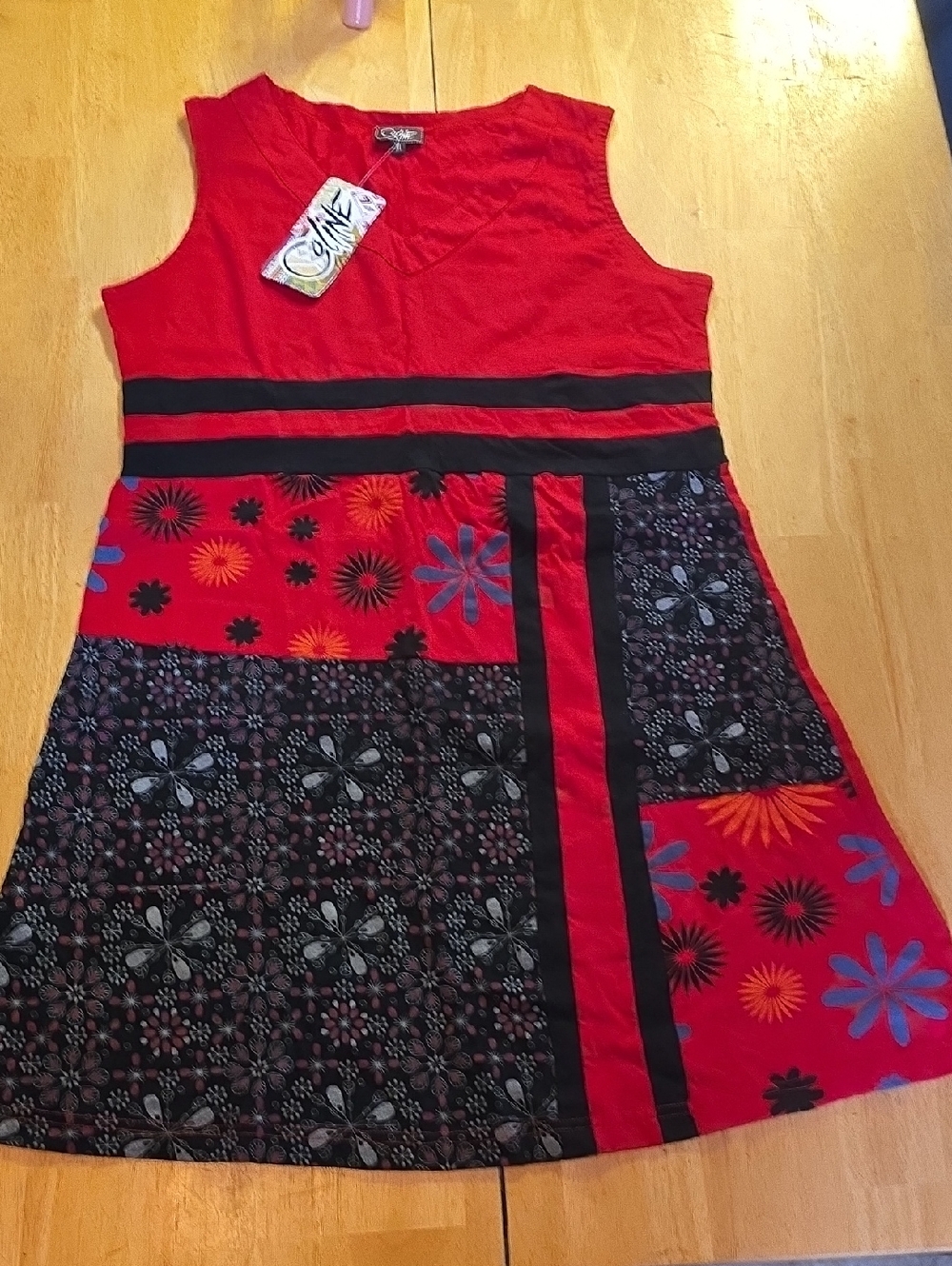 Bold Red Patterned Mini Dress with Floral Panels